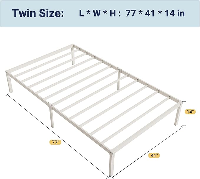 Allewie Twin Bed Frame, 14 inch Metal Beds with Storage Space, White | Heavy-Duty Metal Platform Beds, Large Under-Bed Storage Space, No Box Spring Needed, Easy Assembly