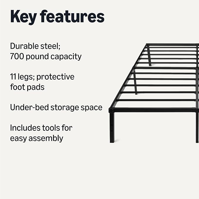 Amazon Basics Metal Bed Frame, Non-Foldable Platform with Under-Bed Storage Space, Durable Steel, Protective Floor Pads, Easy Assembly, Queen, 60W x 80L in, Black