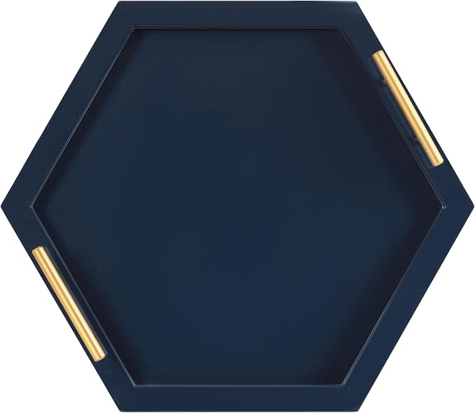 Kate and Laurel Halsey Decorative Hexagon Tray with Gold Metal Handles; 18 x 16; Navy Blue and Gold; Modern Glam Serving Tray with Handles for Living Room Decor