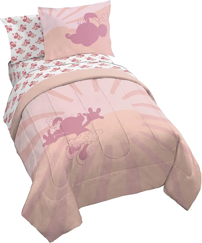Disney Minnie Mouse Twin Comforter Set 5 Piece Bedding for Girls, Pink | Bed in a Bag, Comforter Sheets Sham Pillowcase, Official Product, Soft Microfiber, Machine Washable, Easy Care, Girls Gift