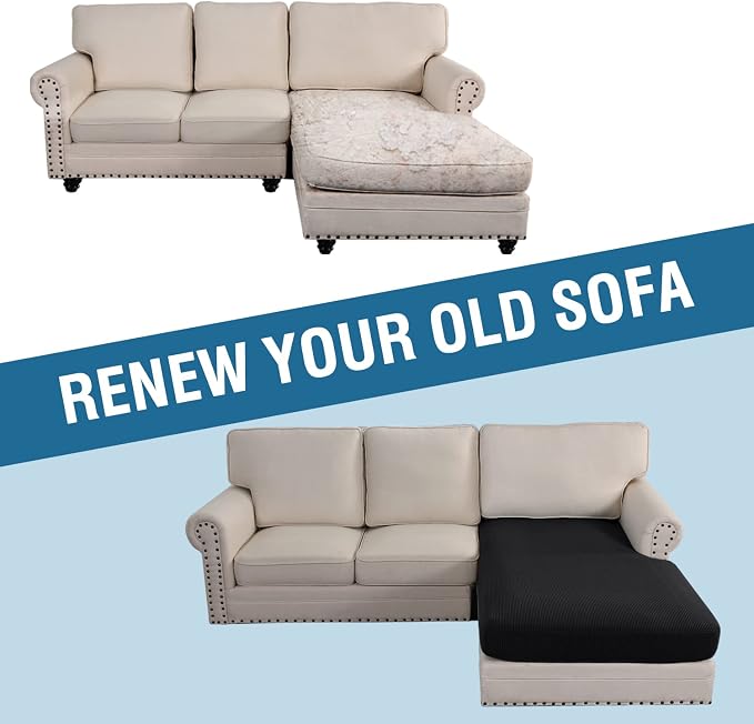 H.VERSAILTEX Sectional Couch Covers 1 Piece Chaise Slipcover L Shape Separate Cushion Couch Cover for Both Left/Right Sectional Couch (Seat Only: 1 Chaises, Black)