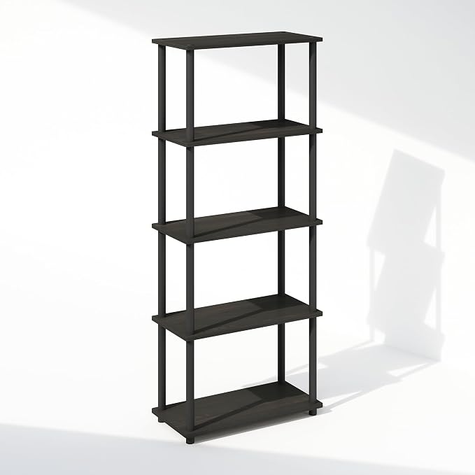 Furinno Turn-N-Tube Book Shelf, 5-Tier Bookshelf, Bookcase with Multipurpose Compact Display Rack, 11.6 x 23.6 x 57.4, for Living Room, Bedroom, Home Office, Espresso/Black