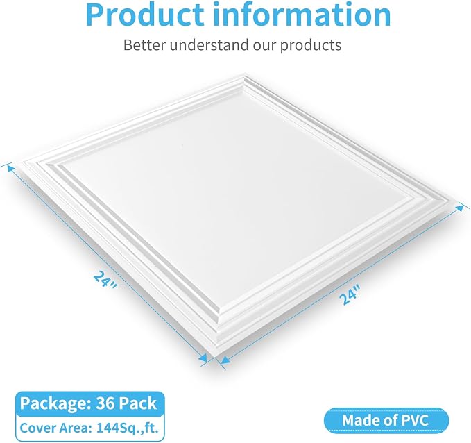 Art3d 36-Pack Drop Relief Ceiling Tiles for Home, Office & Commercial Space, 24 x 24in PVC Waterproof 3D Wall Panels, Covers 144 Sq. Ft, Multi-Pack, Square White