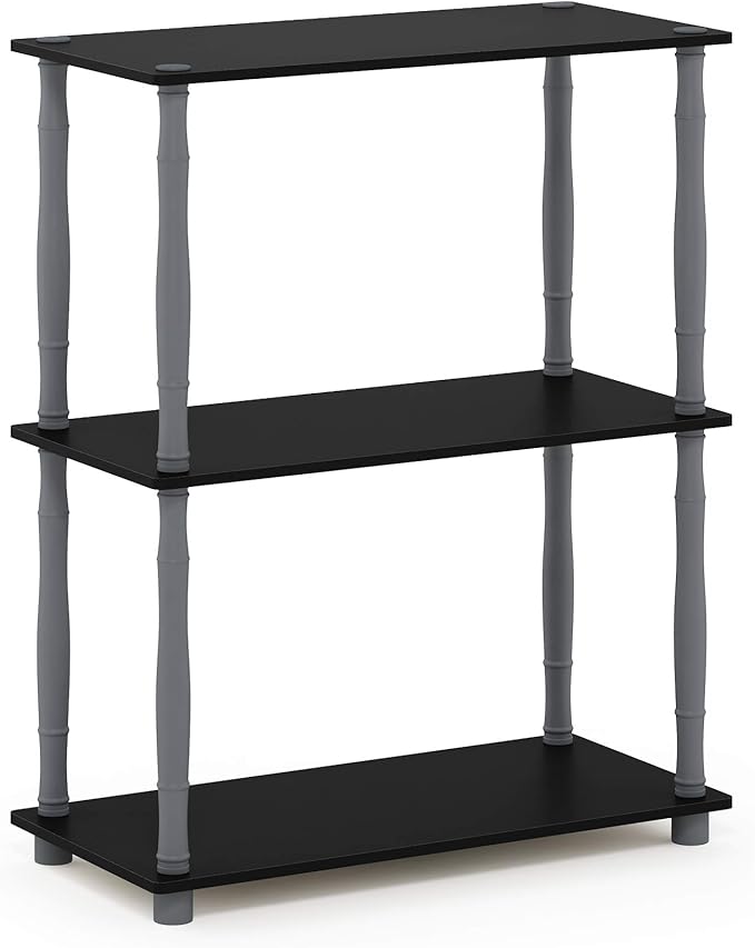 Furinno Turn-N-Tube 3-Tier Compact Multipurpose Shelf Display Rack with Classic Tube, Black/Grey | Open Frame Corner Shelf, for Organization and Storage, Living Room, Garage, Home Office