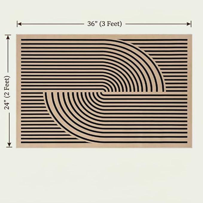 Brown Area Rug, 2x3, with a Black Geometric Modern Design, Abstract Line Pattern, Non-Slip TPE Backing, Low Pile, Washable, Easy to Clean, Suitable for Living Room, Bedroom and Entryway.