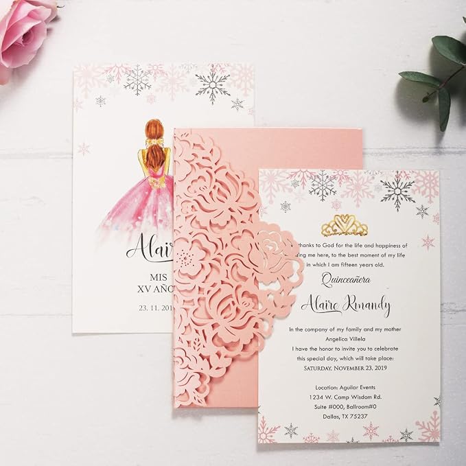 50PCS Pink Blank Quinceanera Invitation Cards with Envelopes 5x7.3 Inch Laser Cut Hollow Rose Pocket with Ribbon invitations for Quincenera Birthday Invite