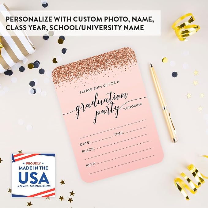 Andaz Press Blush Pink and Rose Gold Glitter Elegant Party Collection, 5x7-inch Invitations with Envelopes, Graduation, 24-Pack, Double Sided Printing, Heavy Card Stock, Includes Envelopes