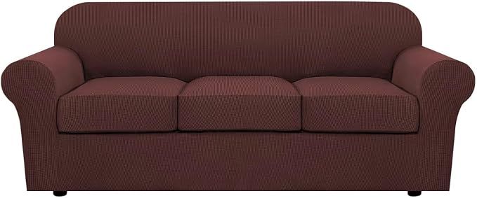 H.VERSAILTEX 4 Piece Stretch Sofa Covers for 3 Cushion Couch Covers for Living Room Furniture Slipcovers (Base Cover Plus 3 Seat Cushion Covers) Upgraded Thicker Jacquard Fabric (Sofa, Burnt Brick)