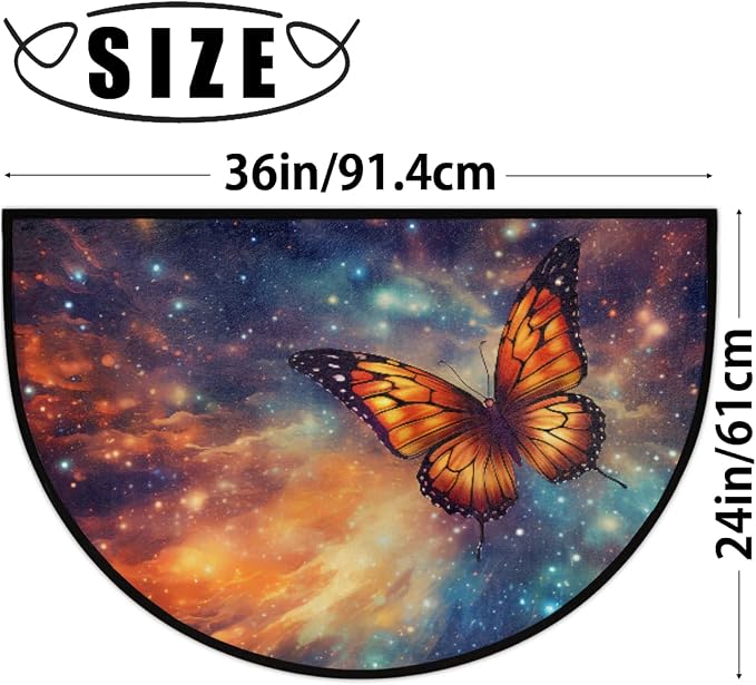 Butterfly Half Round Doormat Non-Slip Semi Circle Rug Half Moon Mat | Color Galaxy Color Washable Soft Absorbent Indoor Outdoor Entrance Kitchen Bathroom Sink Patio Welcome Fireplace Floor Rug
