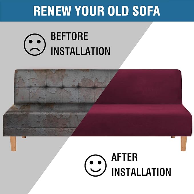 H.VERSAILTEX Real Velvet Futon Cover Armless Sofa Covers Sofa Bed Covers Stretch Futon Couch Cover Sofa Slipcover Furniture Protector Thick Soft Velvet Fabric Form Fitted Stay in Place, Wine/Burgundy