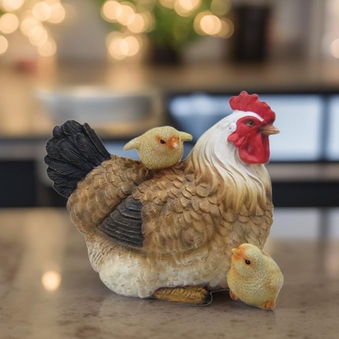 ICE Armor Hand Painted 7" W Chicken Family Figurine Statue Sculpture Ornament Decoration Home/Room Decor Ideas for Housewarming, Holidays and Birthdays Great Collectible Addition