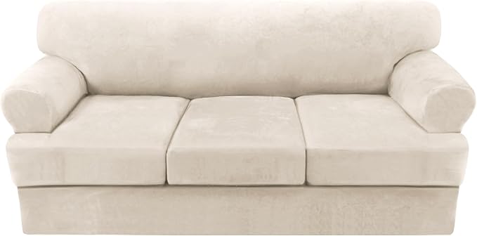 H.VERSAILTEX Sofa Cover 4 Piece T Cushion Sofa Slipcovers Couch Cover Furniture Protector Stretch T Cushion Sofa Covers for 3 Cushion Couch with 3 Individual T Cushion Covers, Ivory
