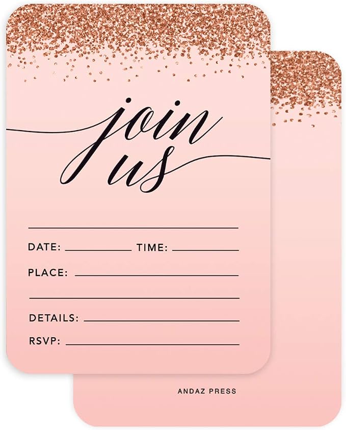 Andaz Press Blush Pink and Rose Gold Glitter Elegant Party Collection, 5x7-inch Invitations with Envelopes, Join US, 24-Pack, Double Sided Printing, Heavy Card Stock, Includes Envelopes