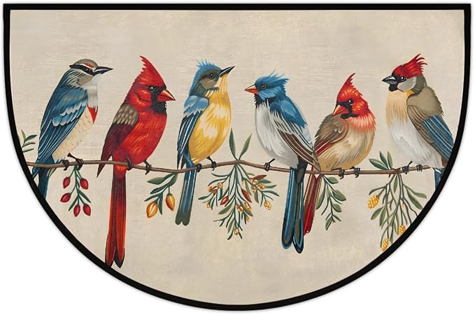 Bird Half Round Doormat Non-Slip Semi Circle Rug Half Moon Mat | Color Retro Bird Washable Soft Absorbent Indoor Outdoor Entrance Kitchen Bathroom Sink Patio Welcome Fireplace Floor Rug