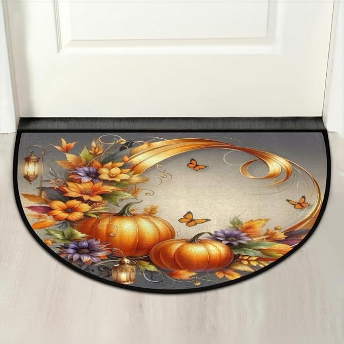 Pumpkin Half Round Doormat Non-Slip Semi Circle Rug Half Moon Mat | Fall Flower Grey Washable Soft Absorbent Indoor Outdoor Entrance Kitchen Bathroom Sink Patio Welcome Fireplace Floor Rug
