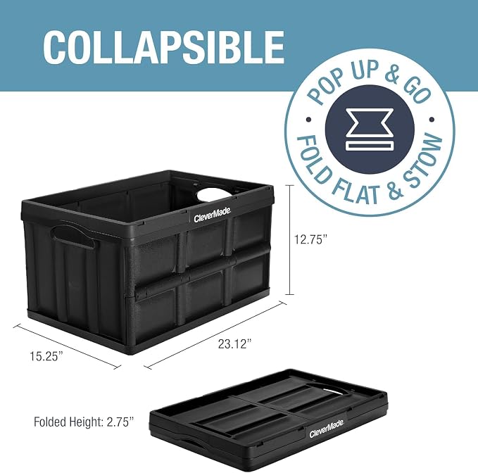 CleverMade Collapsible Storage Bins, 62L, 3 Pack, Ocean | Extra-large bins support 100 lb for groceries, tools, and gear. They stack securely and fold to 2.75 inches for storage.