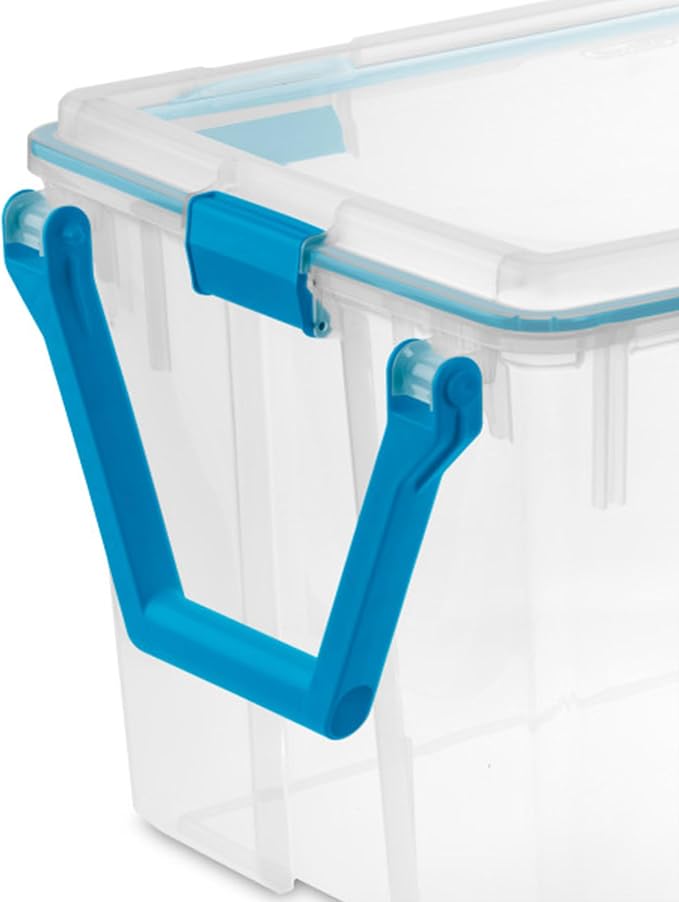 Sterilite Gasket Storage Box with Lids for Home & Office, 120 Quart, 9-Pack | Heavy-Duty, Stackable, and Organizing Containers for Bathroom, Cabinet, Closet, and Garage, Clear and Blue Aquarium Latches