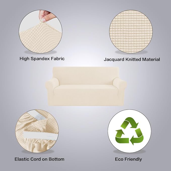 H.VERSAILTEX Stretch Couch Covers for Sofa 1 Piece Slipcovers for Couches Sofas 3 Seater Couch Cover Feature Thick Checked Jacquard Fabric with Elastic Bottom,L Sofa 90"-100" Wide,Cream