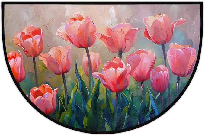 Pink Tulip Flower Half Round Door Mat Non-Slip Semi Circle Rug Washable Half Moon Floor Rug Absorbent Bathroom Area Rugs for Outdoor Indoor Fireplace Mat Entryway Kitchen Decor Rugs