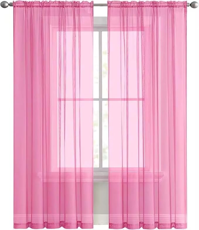 SpaceDresser Basic Rod Pocket Sheer Voile Window Curtain Panels Pink 1 Pair 2 Panels 52 Width 90 Inch Long for Kitchen Bedroom Children Living Room Yard（Pink, 52W x 90L）
