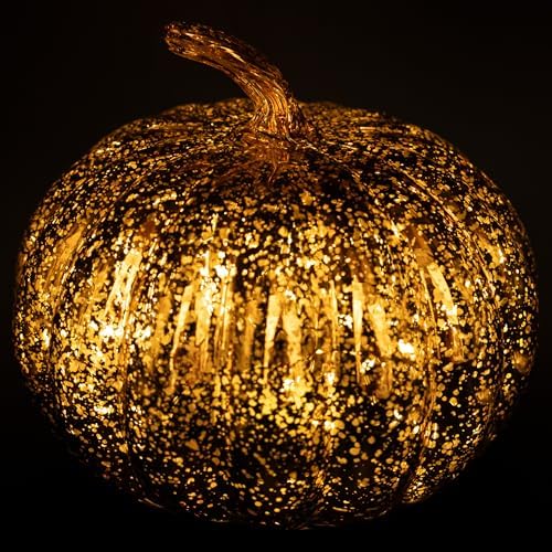 Boston International Handblown Glass Pumpkin with LED Light Thanksgiving Halloween Decorations for Home, Medium, Orange Starry - Image 2