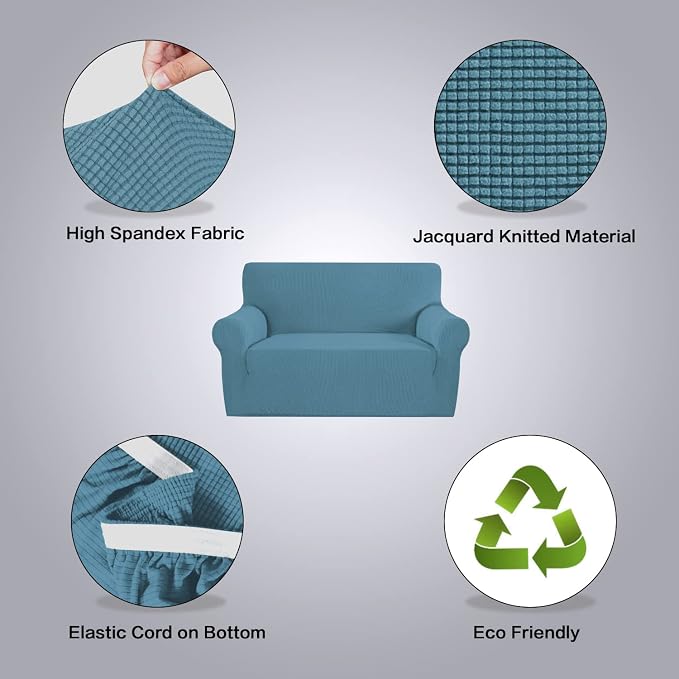H.VERSAILTEX Stretch Couch Cover Couch Slipcovers for 2 Cushion Couch Washable Couch Covers 1 Piece with Elastic Bottom, Textured Checked Jacquard Fabric(Loveseat 58"-70" Wide, Storm Blue)