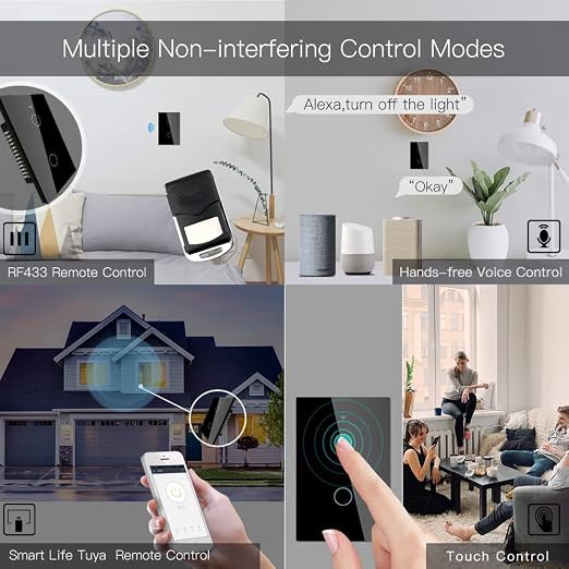MOES Touch Wall Single Live Wire Smart Switch, No Neutral Wire Needed, 2.4GHz WiFi RF433 Light Switch Works with Smart Life/Tuya App, Alexa and Google Home, Single Pole Black 2 Gang Include Capacitor