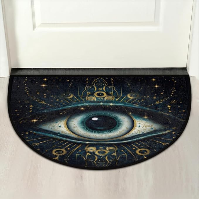 Evil Eye Bohemian Half Round Doormat Washable Semi Circle Area Rug Non Slip Absorbent Half Moon Rugs for Indoor Outdoor Kitchen Bathroom Bedroom Living Room Fireplace Floor Carpet Decor