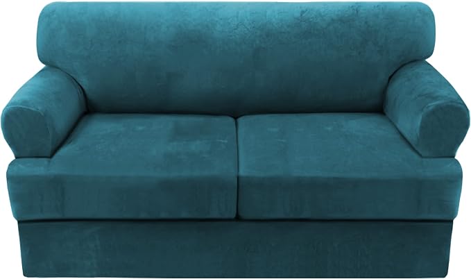 H.VERSAILTEX Sofa Cover 3 Piece T Cushion Loveseat Slipcovers Thick Velvet Couch Cover Furniture Protector Stretch T Cushion Sofa Covers for 2 Cushion Couch with 2 T Cushion Covers Washable, Deep Teal