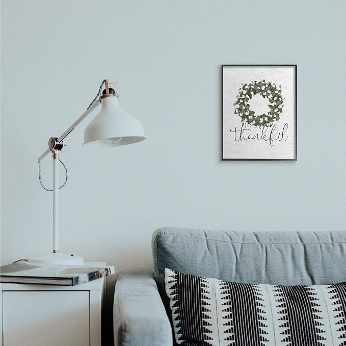 Thankful Cotton Wreath Botanical Accent, 11 x 14 Inch Framed Giclée Print | Stupell Industries | Black, 11 x 14 Inches, Easy to Hang and Sturdy, Made in USA, by Lettered and Lined