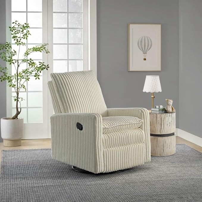 Oxford Baby Uptown Upholstered Glider Recliner Rocking Chair 360° Swivel for Nursery and Living Room - Corduroy Pearl White, Green Guard Gold Certified