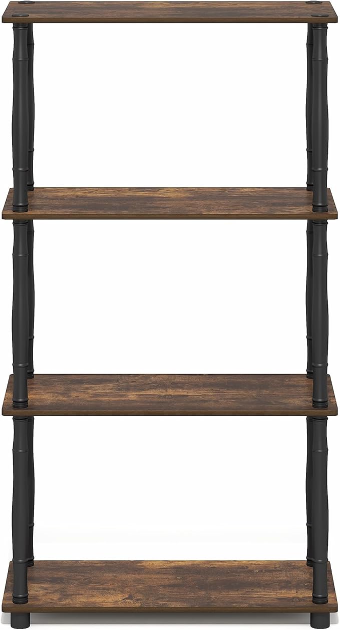 Furinno Turn-N-Tube Storage Shelves, 4-Tier Open Frame Book Shelf, Standing Corner Shelf, Toolless Open Shelves, Classic Tubes, for Organization and Storage, Living Room, Home Office, Amber Pine