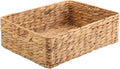 YAHUAN Water Hyacinth Storage Basket, Handwoven, 15.35L x 12W x 4.72H in, Brown | Shallow Drawer Basket With Handle Wicker basket for Shelf