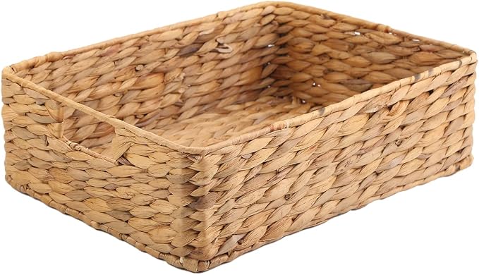 YAHUAN Water Hyacinth Storage Basket, Handwoven, 15.35L x 12W x 4.72H in, Brown | Shallow Drawer Basket With Handle Wicker basket for Shelf
