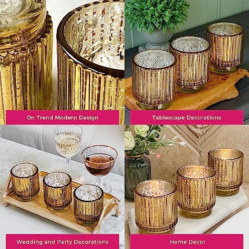 Kate Aspen Gold Votive Candle Holders-Vintage Ribbed Glass Candle Holder Set of 6-Mercury Glass Tealight Holders for Christmas Table Decor,Holiday Centerpieces,Fall Thanksgiving Tablescape (Pack of 6) - Image 5