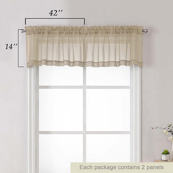 Taupe Valances for Windows, Taupe Sheer Curtains 14 Inch Length 2 Pack Kitchen - Image 2