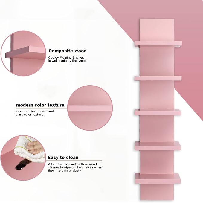 5 Tier Wall Shelves Pink, Vertical Column Shelf Floating Storage Home Decor Organizer Tall Tower Design Utility Shelving Bedroom Living Room, 30.7