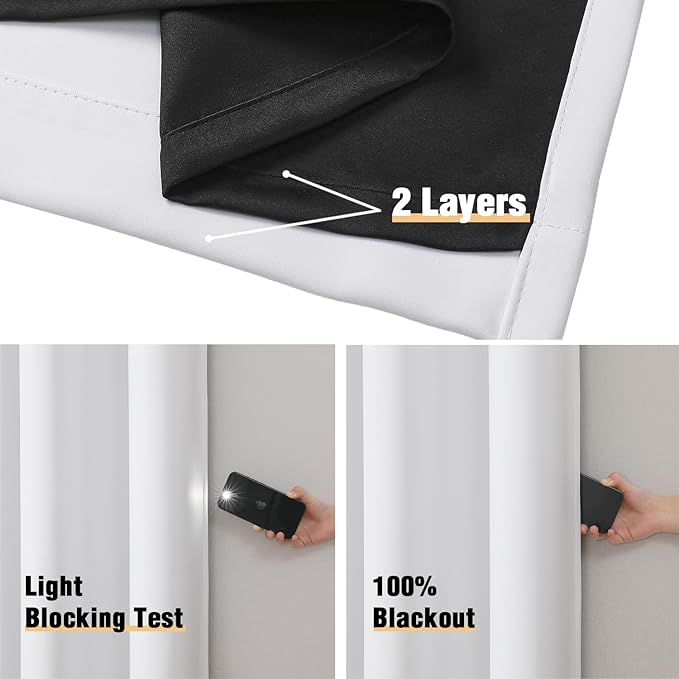 ChrisDowa White 100% Blackout Curtains 120 inch Long for Bedroom with Black Liner, 2 Thick Layers Total Blackout Thermal Insulated Grommet Long Curtains 2 Panels Set (Pure White, 52 x 120 Inch)