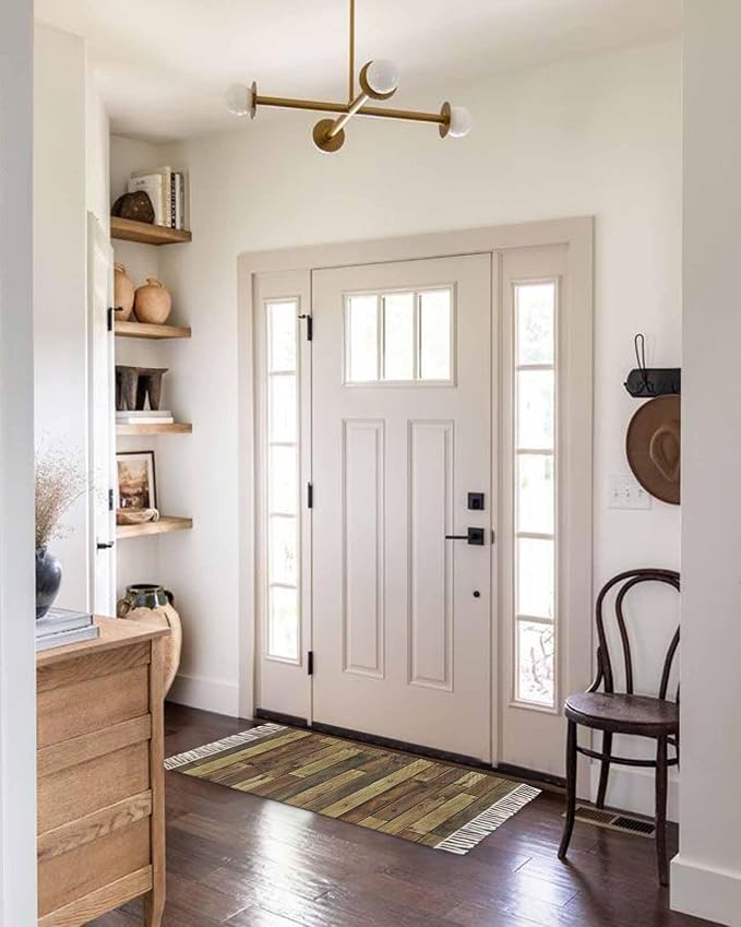 Brown Hallway Runner Rug 2X6 Ft Kitchen Carpet, Washable Woven Vintage Country Wooden Grain Throw Carpet with Tassel, Non-Shedding Farmhouse Cabin Retro Plank Stitching Art Bedroom Laundry Rugs