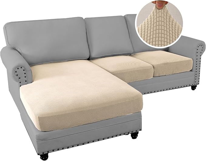 H.VERSAILTEX Sectional Couch Covers 3 Pieces Sofa Seat Cushion Covers L Shape Separate Cushion Couch Chaise Cover for Both Left/Right Sectional Couch (Seat Only: 1 Chaise + 2 Sofa, Natural)