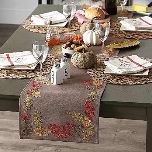 DII Fall Table Décor Embroidered Tabletop for Thanksgiving Dining, Table Runner, 14x108, Shimmering Leaves - Image 4