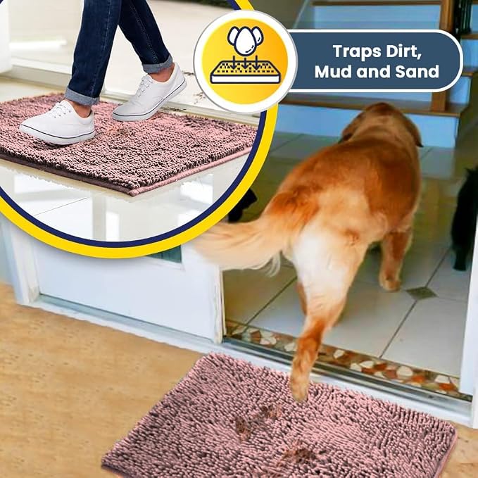 Muddy Mat® | Super Water Absorbent Door Mat Indoor, Microfiber Quick Dry Chenille Entryway Rug, Slip Resistant Front Door Mat, Indoor Mats for Entryway, Machine Washable Pet Rug, Pink 20" x 30"