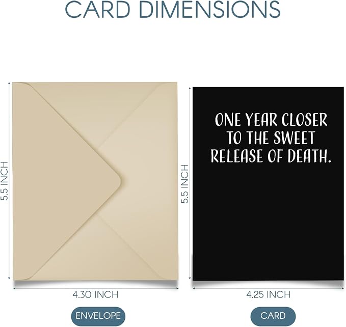 Happy Birthday Card, Single 4.25 X 5.5 Greeting Card With Envelope, Blank Inside, Funny Birthday Cards For Men and Women, One Year Closer To The Sweet Release Of Death