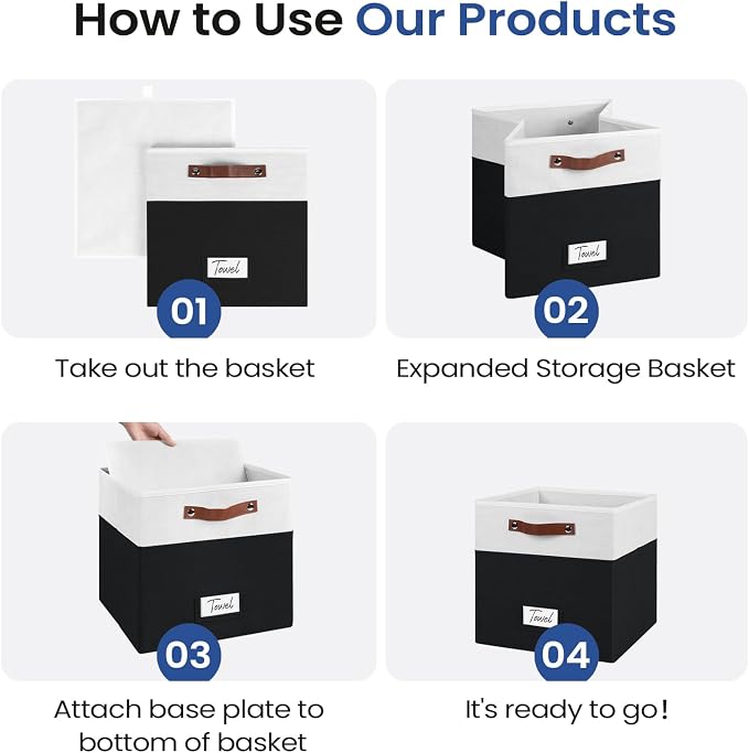 FinishingBo 13 inch Storage Bins with Labels 6 Pack | PU Leather Handles, Foldable Storage Cubes, Storage Baskets, Closet Storage, White/Black