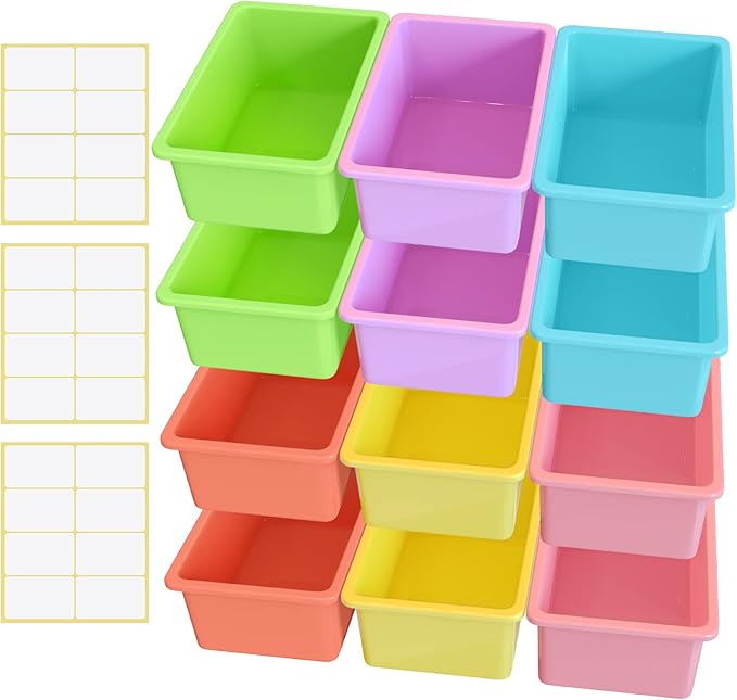 Zonon 12 Pcs Plastic Cubby Storage Bin Back to School Classroom Cubby Organization Storage Container with 1 Pack Self Adhesive Label for Office School Library(Candy Color,11.61 x 7.68 x 4.92)