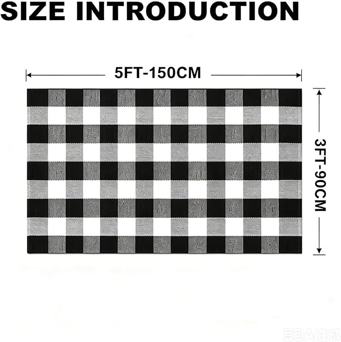 Buffalo Plaid Rug 3' x 5' Black and White Front Door Mat Reversible Layered Porch Rug Washable Hand Woven Cotton Area Rug for Indoor Outdoor Entryway Patio Porch Decor