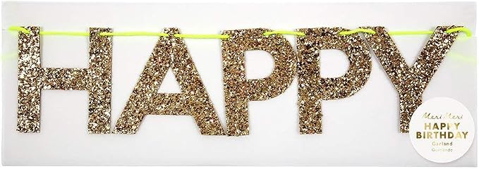 Meri Meri Gold Happy Birthday Banner (Pack of 1), 8' Birthday Party Banner with Excess Cord