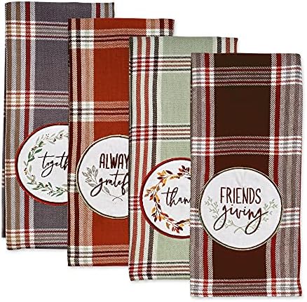 DII Thanksgiving Fall Kitchen Towels Collection Decorative Embellished Dish Towel Set, 18x28, Cozy Picnic Plaid, 4 Count (Pack of 2) - Image 2
