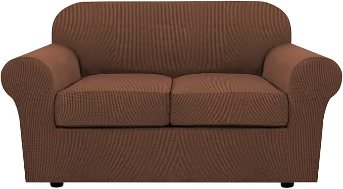 H.VERSAILTEX 3 Piece Stretch Sofa Covers for 2 Cushion Loveseat Couch Covers for Living Room Furniture Cover (Base Cover Plus 2 Seat Cushion Covers) Thicker Jacquard Fabric(Medium Sofa, Caramel)