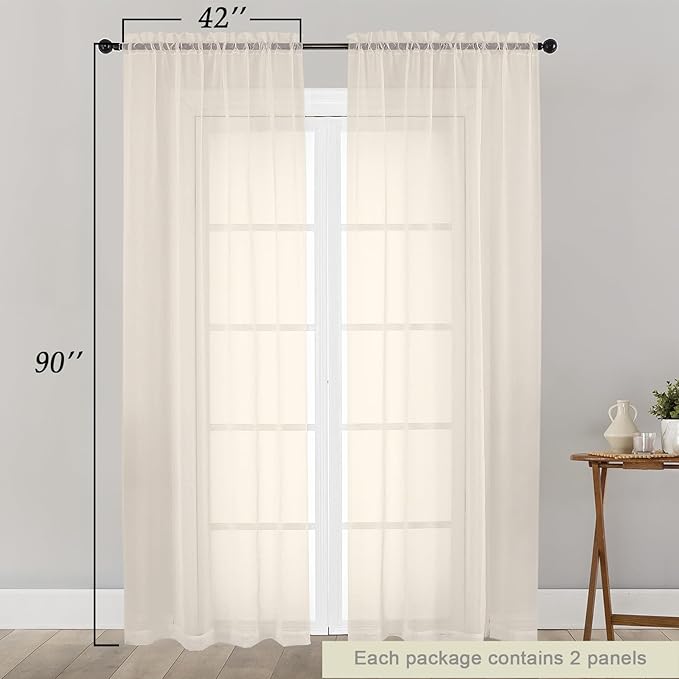 Sheer Cream Curtains for Bedroom Living Room 90 Inches Long 2 Panels Set - Image 2